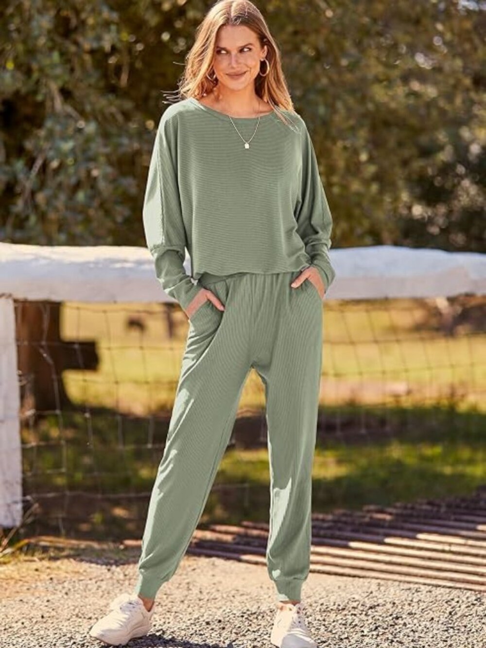 Women's 2 Piece Outfit Matching Lounge Set Waffle Knit, Dark Green, XL